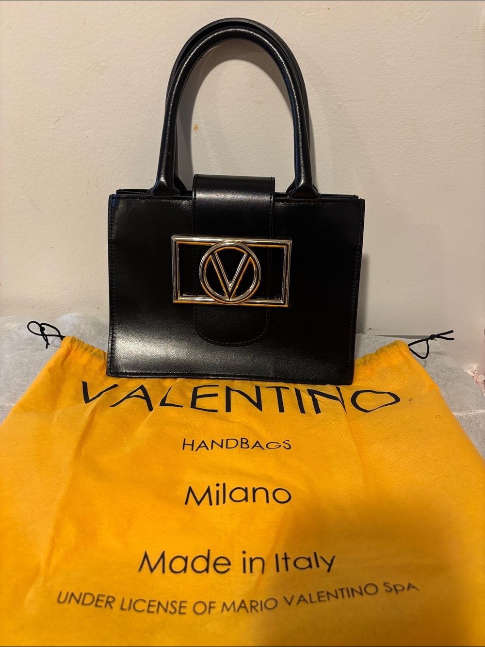 Valentino Black Leather Satchel with Gold Logo Plaque